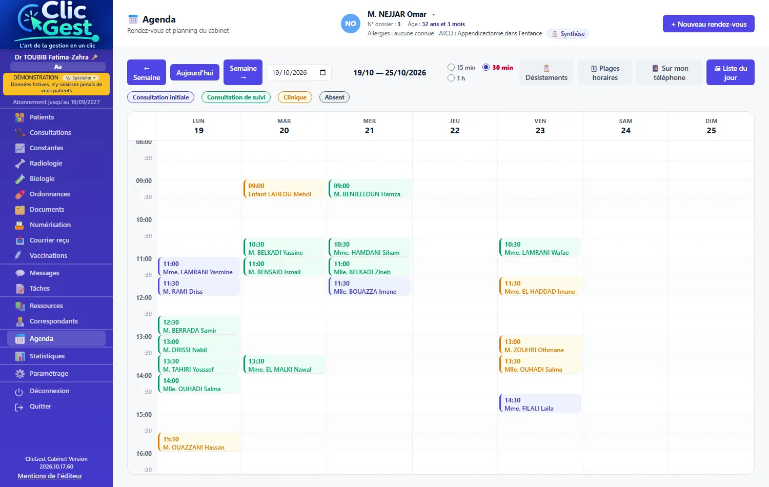 Agenda de la semaine avec les rendez-vous colorés par type de consultation.
