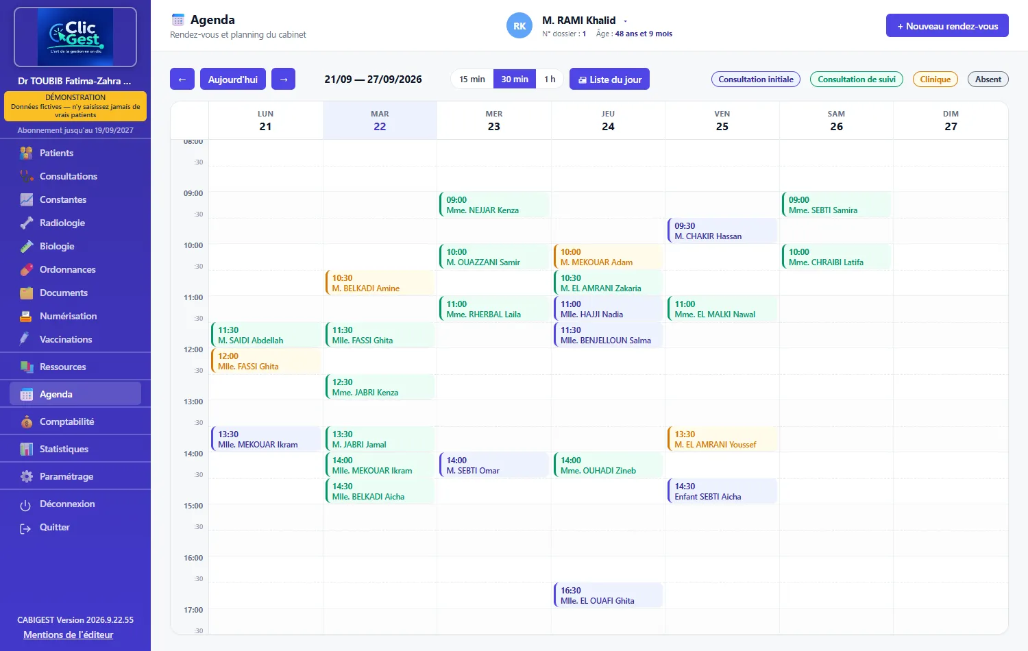 Agenda de la semaine avec les rendez-vous colorés par type de consultation.