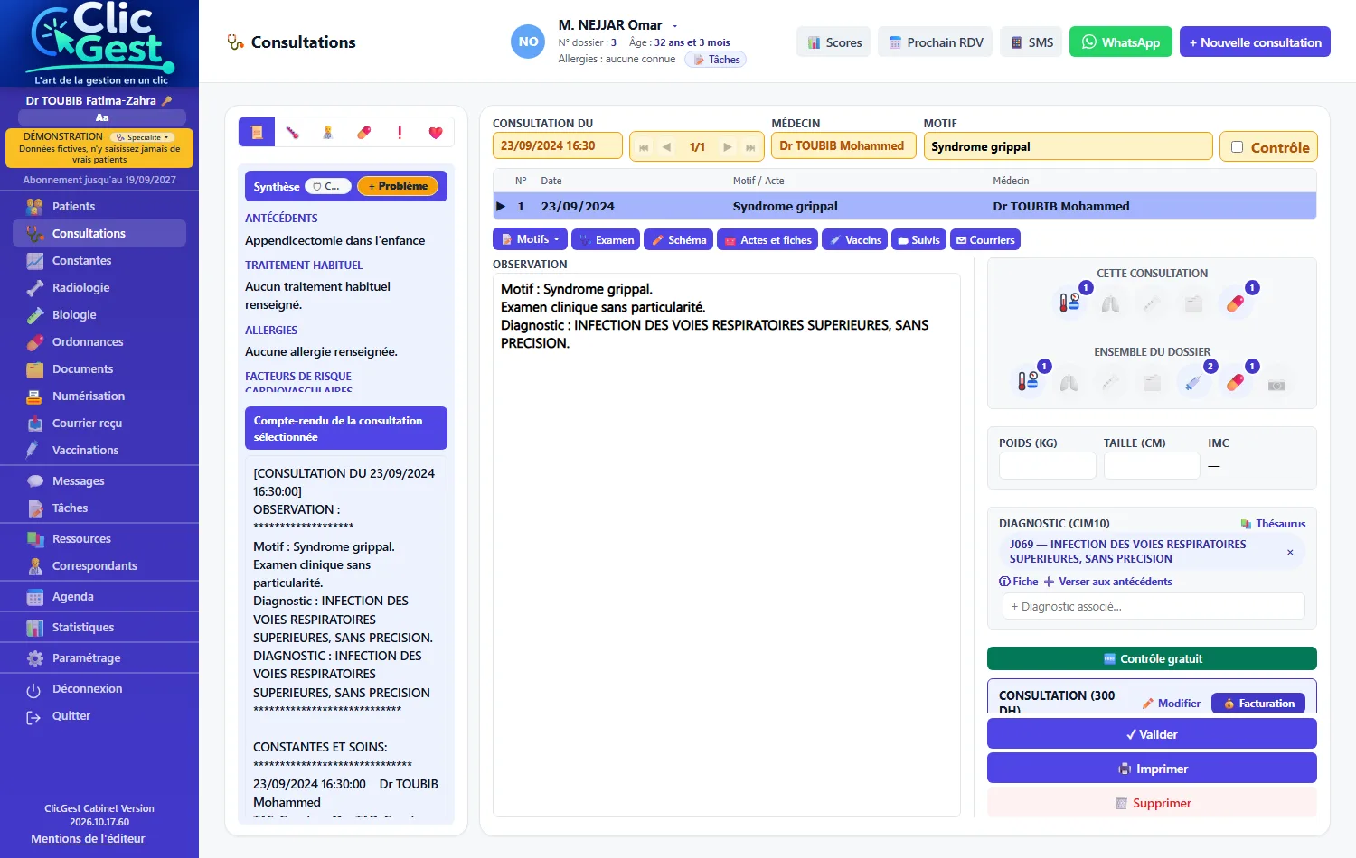 Écran de consultation : motif, observation, diagnostic CIM-10, historique des consultations du patient et boutons de facturation.