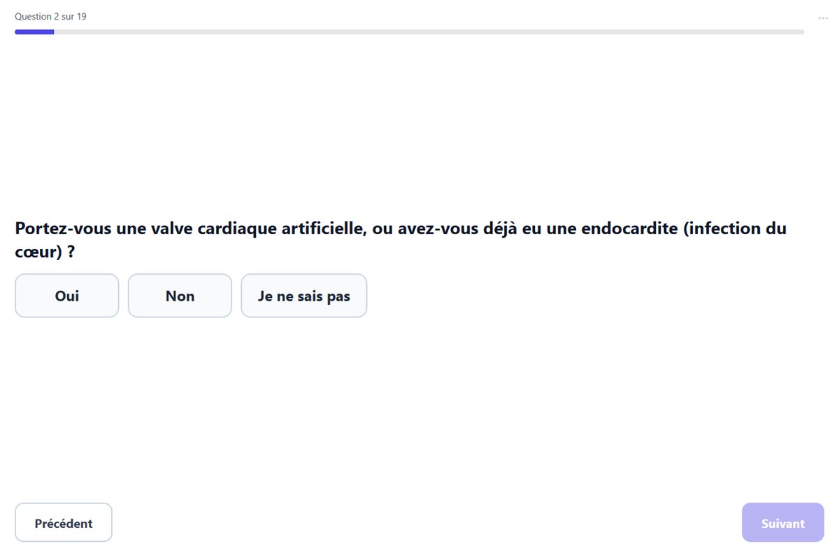 Questionnaire de santé sur tablette : une question par écran, réponses Oui, Non, Je ne sais pas