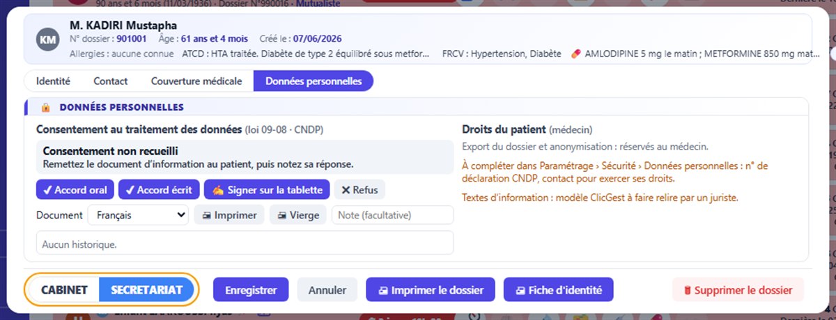 Onglet Données personnelles de la fiche d'un patient fictif : consentement non recueilli, boutons Accord oral, Accord écrit, Signer sur la tablette et Refus, document à imprimer en français.